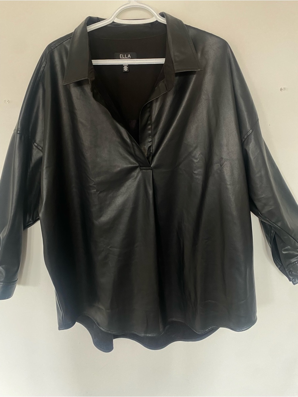 Ella Black Faux Leather Button-Down Tunic Shirt